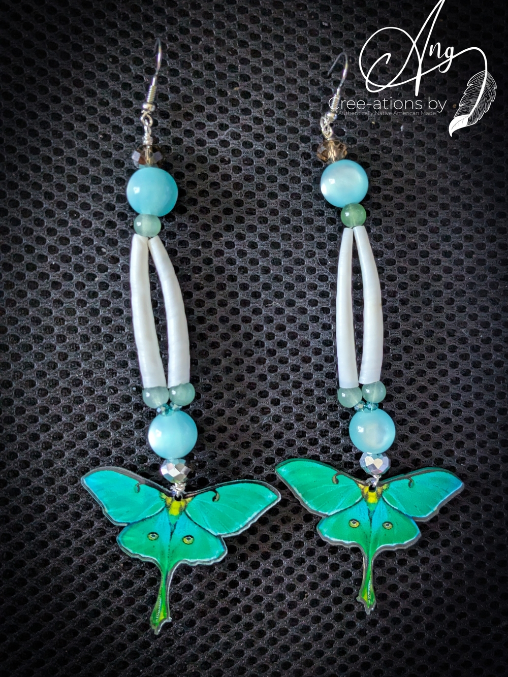 Green Cat Eye Bead Luna Moth Dentalium Shell Drop Earrings